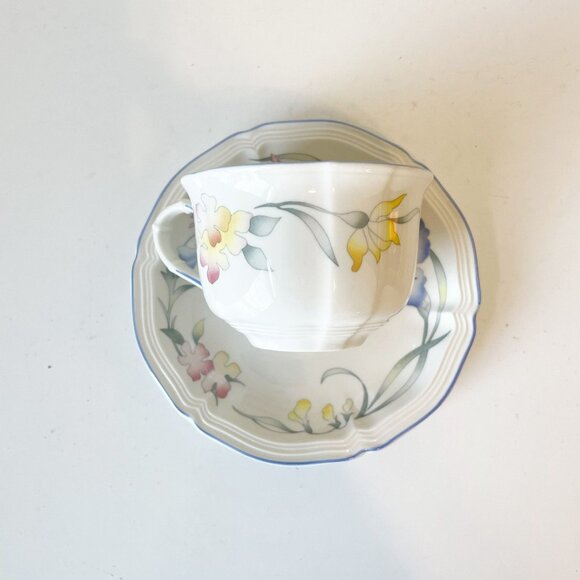 Set of 4 Villeroy & Boch RIVIERA Flat Coffee Cup & Saucer Vintage Dishes Floral - Picture 3 of 9
